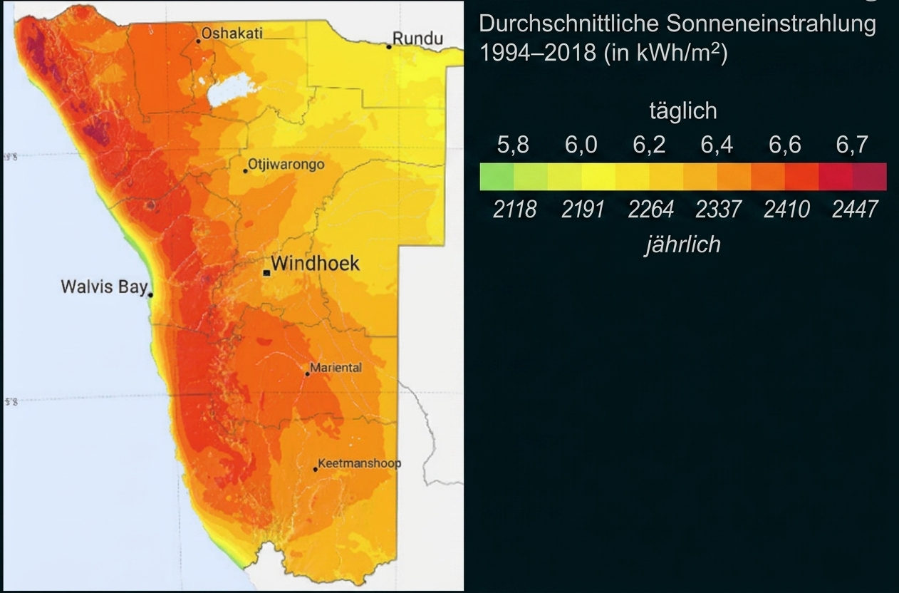 Karte von Namibia mit durchschnittlicher Sonneneinstrahlung 1994–2018.